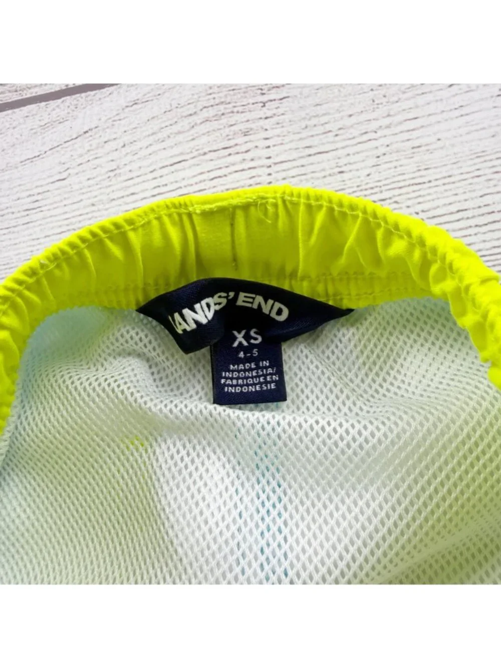 Lands End Blue Tie Dye Swim Trunks Neon Yellow Elastic Waist Mesh Liner XS 4-5